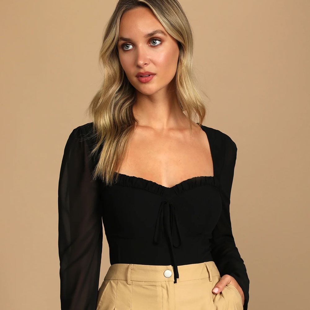 Lulus| Be Your Date Black Bustier Backless Long Sleeve Bodysuit